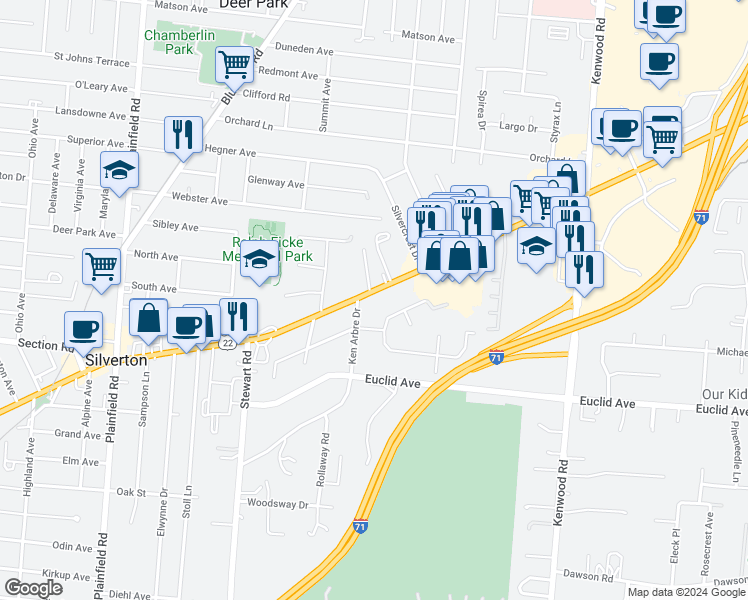 map of restaurants, bars, coffee shops, grocery stores, and more near 6962 Ken Arbre Drive in Cincinnati