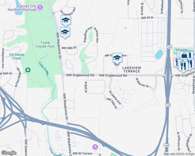 map of restaurants, bars, coffee shops, grocery stores, and more near 1701 Northwest 55th Terrace in Kansas City