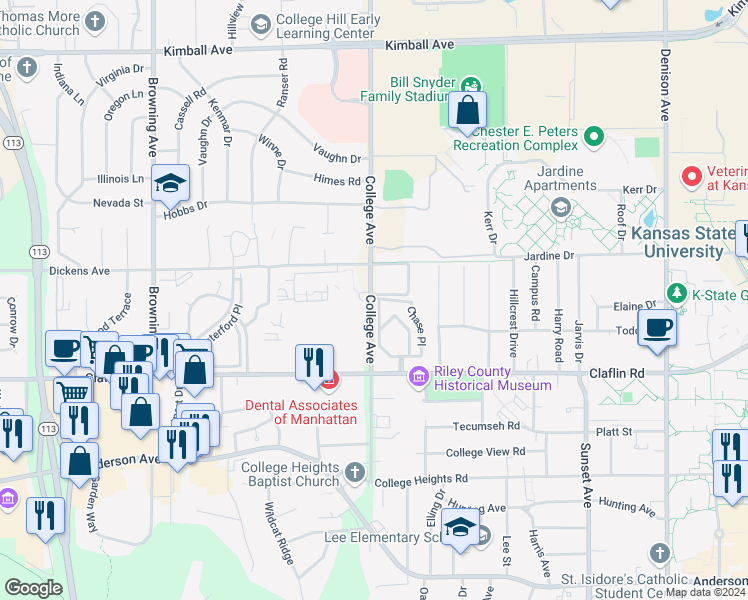 map of restaurants, bars, coffee shops, grocery stores, and more near 1401 College Avenue in Manhattan