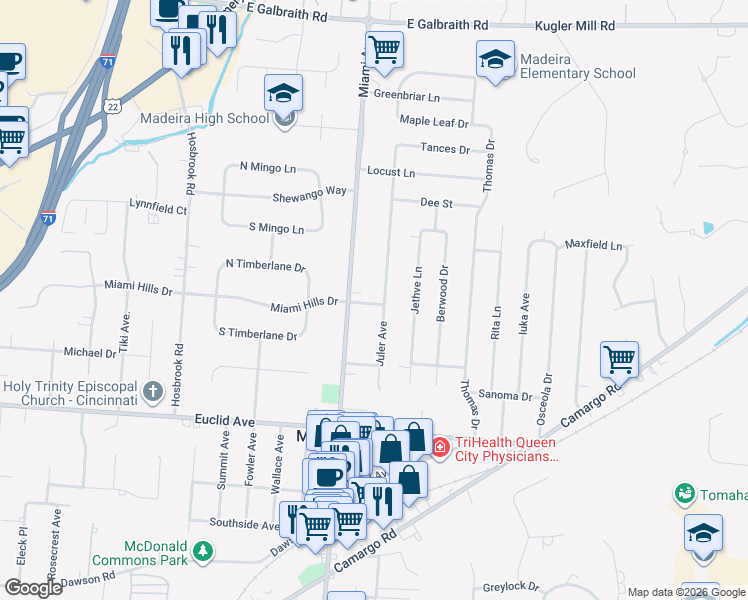 map of restaurants, bars, coffee shops, grocery stores, and more near 7351 Juler Avenue in Cincinnati