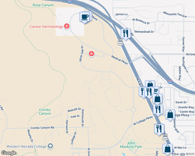 map of restaurants, bars, coffee shops, grocery stores, and more near 4113 Siena Drive in Carson City
