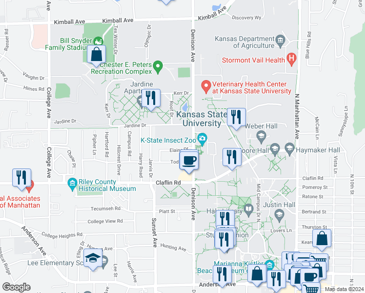 map of restaurants, bars, coffee shops, grocery stores, and more near 1812 Elaine Drive in Manhattan