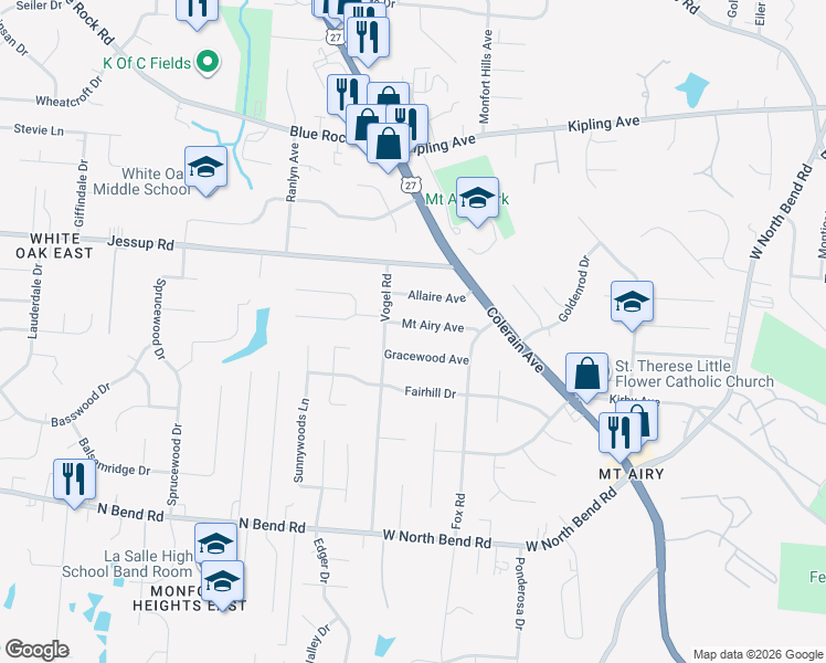 map of restaurants, bars, coffee shops, grocery stores, and more near 2646 Gracewood Avenue in Cincinnati