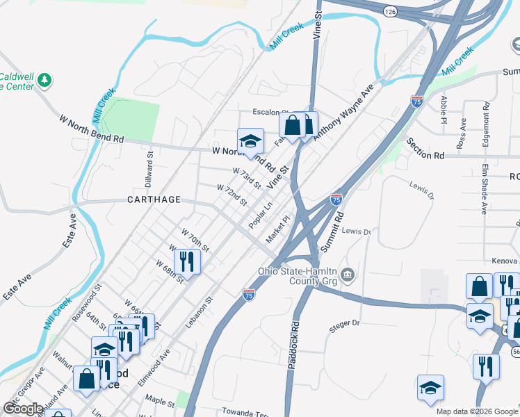 map of restaurants, bars, coffee shops, grocery stores, and more near 7204 Vine Street in Cincinnati