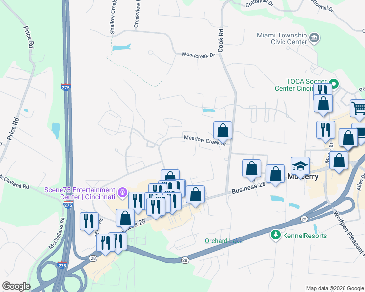 map of restaurants, bars, coffee shops, grocery stores, and more near 5900 Meadow Creek Drive in Milford