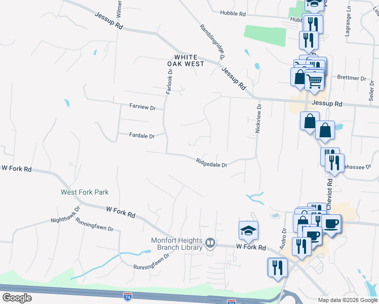 map of restaurants, bars, coffee shops, grocery stores, and more near 3898 Ridgedale Drive in Cincinnati