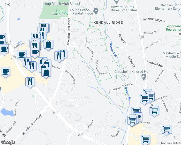 map of restaurants, bars, coffee shops, grocery stores, and more near 8423 Glad Rivers Row in Columbia