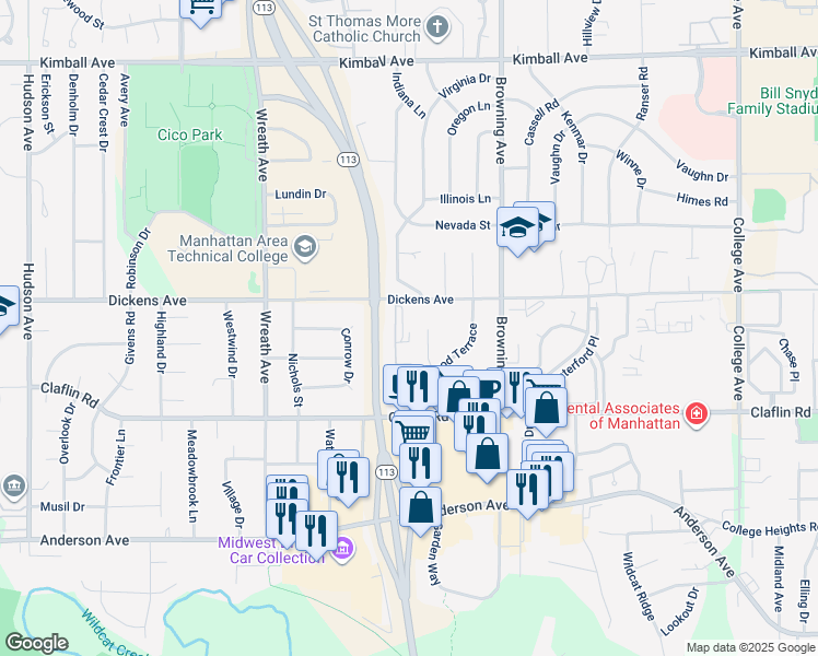 map of restaurants, bars, coffee shops, grocery stores, and more near 1421 Beechwood Circle in Manhattan