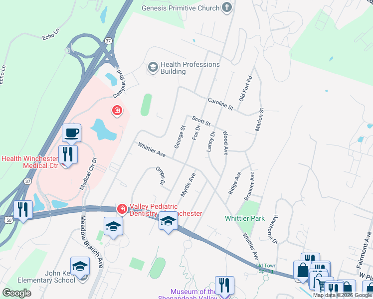 map of restaurants, bars, coffee shops, grocery stores, and more near 308 State Route 767 in Winchester