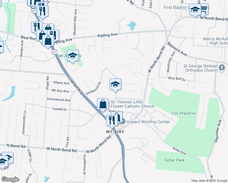 map of restaurants, bars, coffee shops, grocery stores, and more near 2378 Van Leunen Drive in Cincinnati