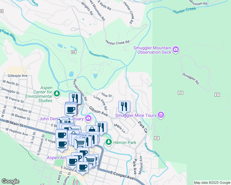 map of restaurants, bars, coffee shops, grocery stores, and more near 826 Vine Street in Aspen