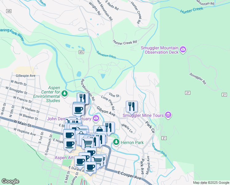 map of restaurants, bars, coffee shops, grocery stores, and more near 826 Vine Street in Aspen