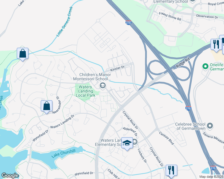 map of restaurants, bars, coffee shops, grocery stores, and more near 20482 Golf Course Drive in Germantown