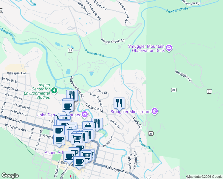 map of restaurants, bars, coffee shops, grocery stores, and more near 826 Vine Street in Aspen