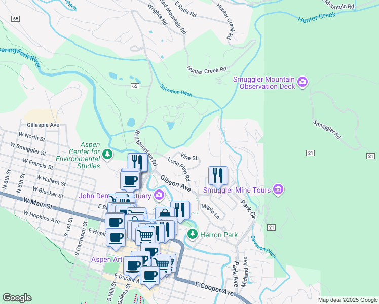 map of restaurants, bars, coffee shops, grocery stores, and more near 826 Vine Street in Aspen
