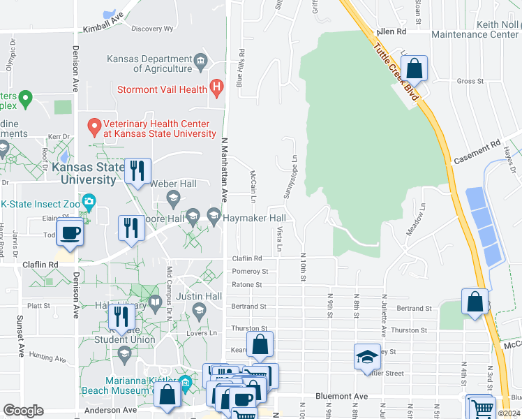 map of restaurants, bars, coffee shops, grocery stores, and more near 1431 Pioneer Lane in Manhattan