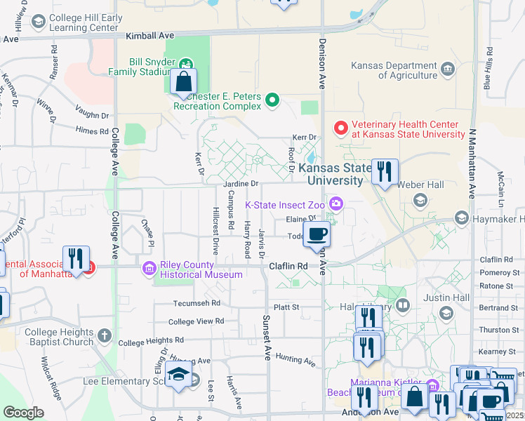 map of restaurants, bars, coffee shops, grocery stores, and more near 1515 Jarvis Drive in Manhattan
