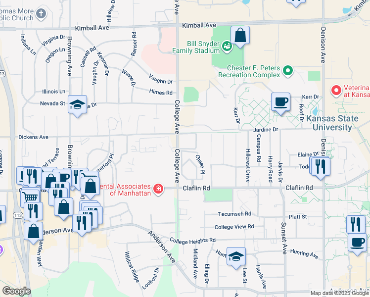 map of restaurants, bars, coffee shops, grocery stores, and more near 1510 College Avenue in Manhattan