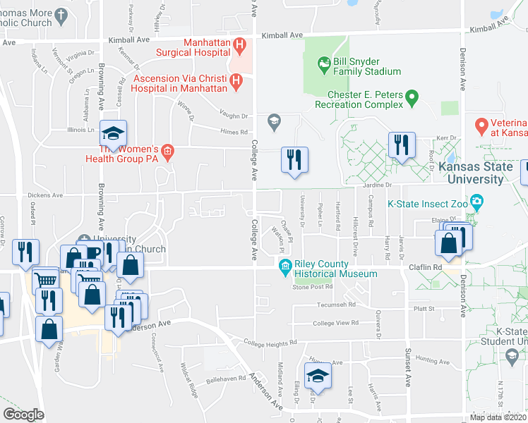 map of restaurants, bars, coffee shops, grocery stores, and more near 1510 College Avenue in Manhattan