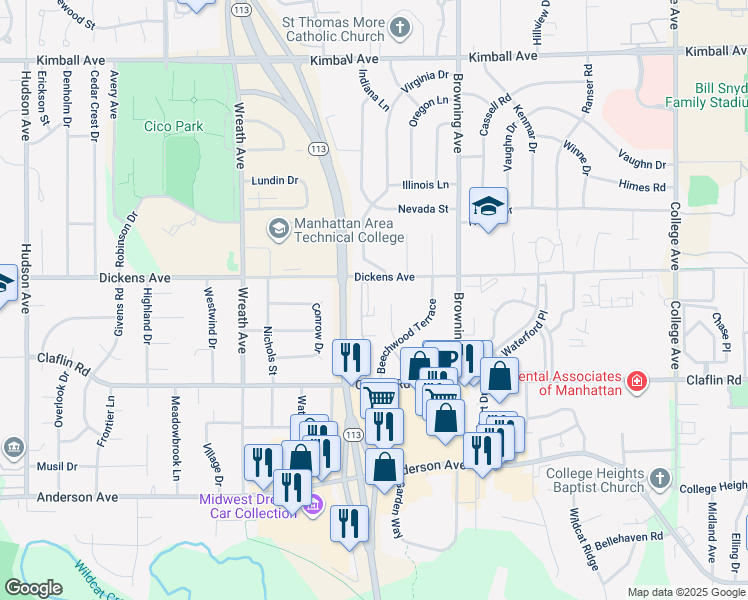 map of restaurants, bars, coffee shops, grocery stores, and more near 1421 Beechwood Circle in Manhattan