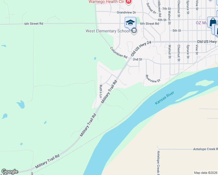 map of restaurants, bars, coffee shops, grocery stores, and more near 2101 Arbor Lane in Wamego