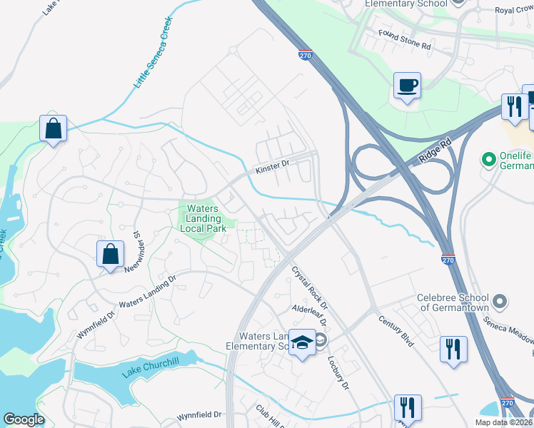 map of restaurants, bars, coffee shops, grocery stores, and more near 20521 Golf Course Drive in Germantown
