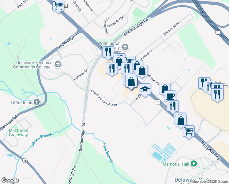 map of restaurants, bars, coffee shops, grocery stores, and more near 1700 North Dupont Highway in Dover