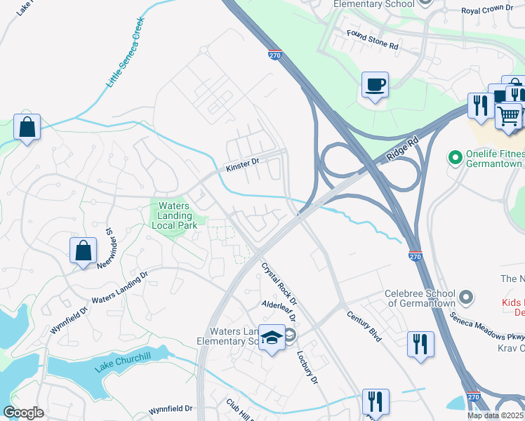 map of restaurants, bars, coffee shops, grocery stores, and more near 12815 Duck Pond Drive in Germantown
