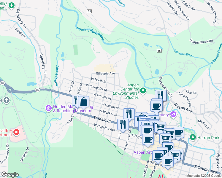 map of restaurants, bars, coffee shops, grocery stores, and more near 453-499 North 3rd Street in Aspen