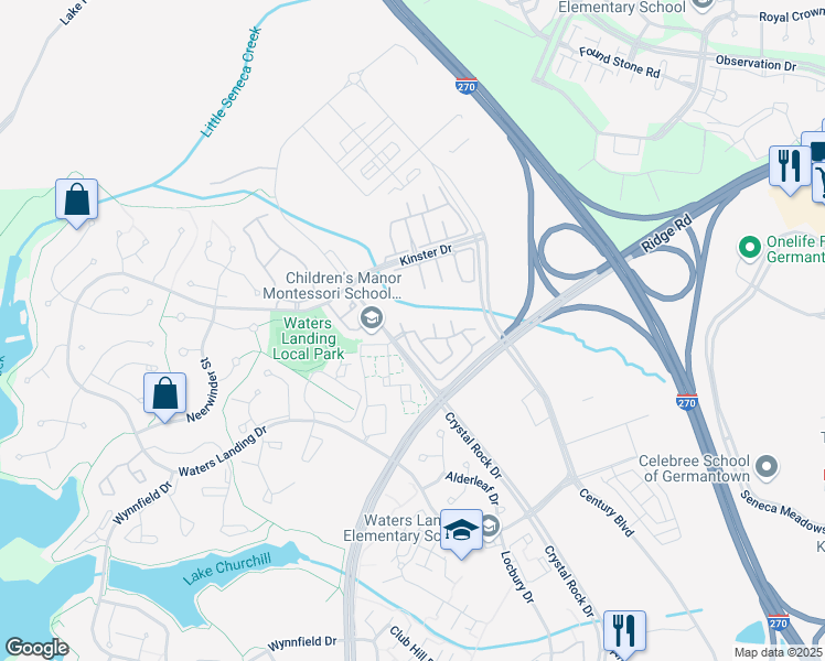 map of restaurants, bars, coffee shops, grocery stores, and more near 20534 Golf Course Drive in Germantown