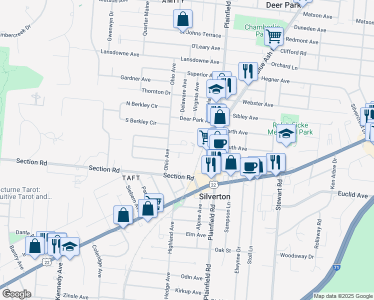 map of restaurants, bars, coffee shops, grocery stores, and more near 3907 East Gatewood Lane in Cincinnati