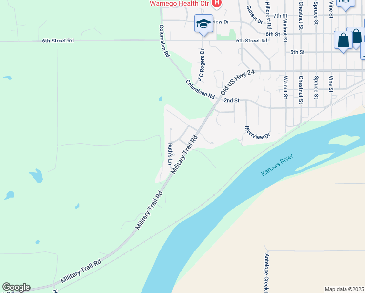 map of restaurants, bars, coffee shops, grocery stores, and more near 208 Ruth's Lane in Wamego