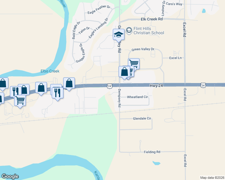 map of restaurants, bars, coffee shops, grocery stores, and more near 3550 Dempsey Road in Manhattan
