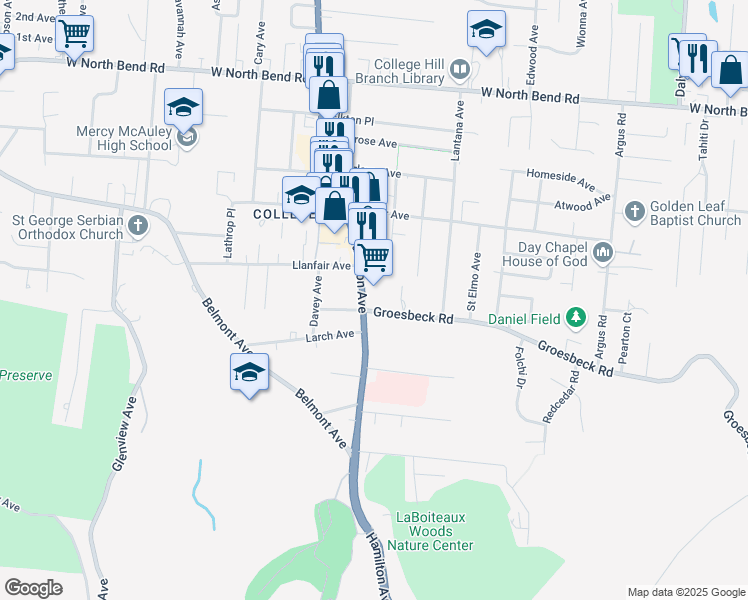 map of restaurants, bars, coffee shops, grocery stores, and more near 5742 Hamilton Avenue in Cincinnati