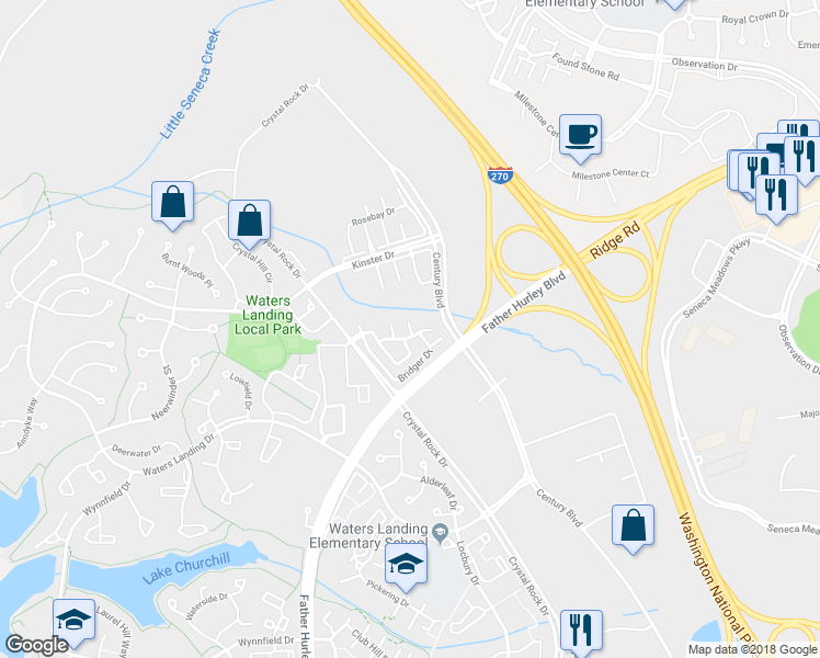 map of restaurants, bars, coffee shops, grocery stores, and more near 20601 Duck Pond Court in Germantown