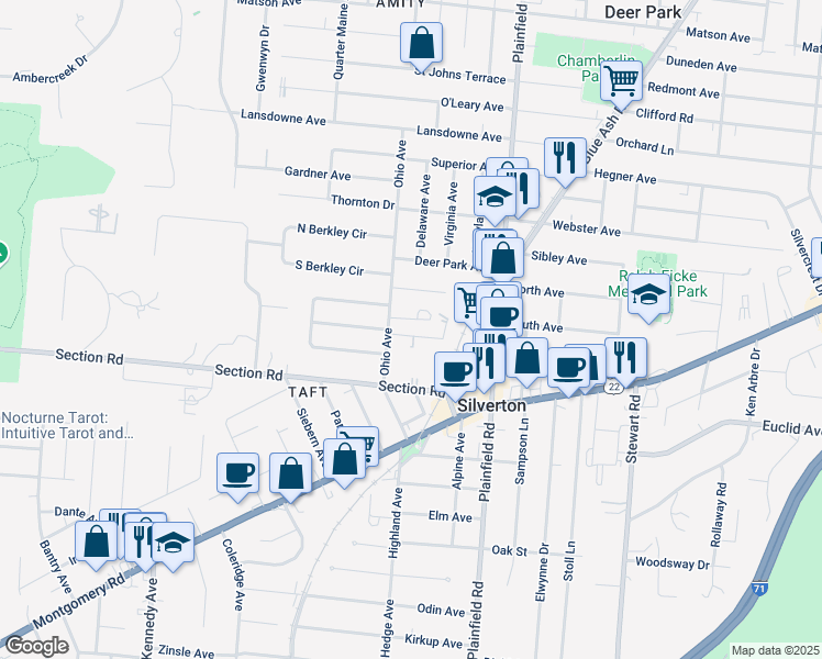 map of restaurants, bars, coffee shops, grocery stores, and more near 3907 East Gatewood Lane in Cincinnati