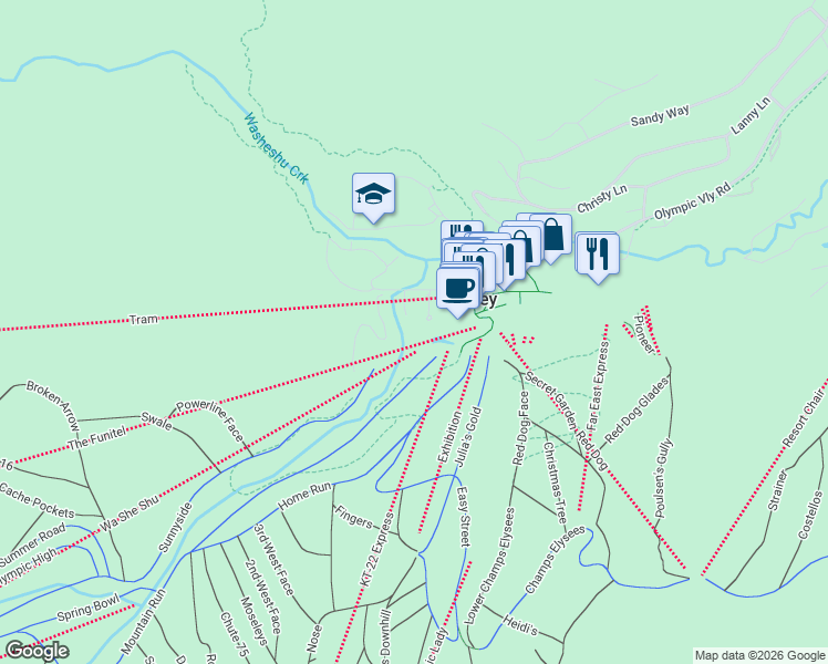 map of restaurants, bars, coffee shops, grocery stores, and more near 233 Granite Chief Road in Tahoe City