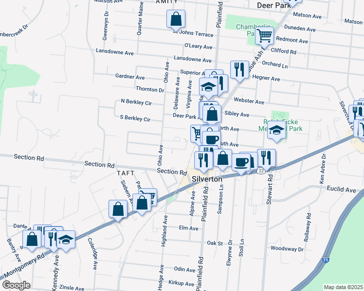 map of restaurants, bars, coffee shops, grocery stores, and more near 3907 East Gatewood Lane in Cincinnati
