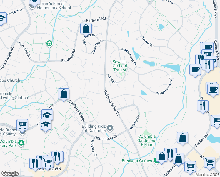 map of restaurants, bars, coffee shops, grocery stores, and more near 6401-6427 Oakland Mills Road in Columbia