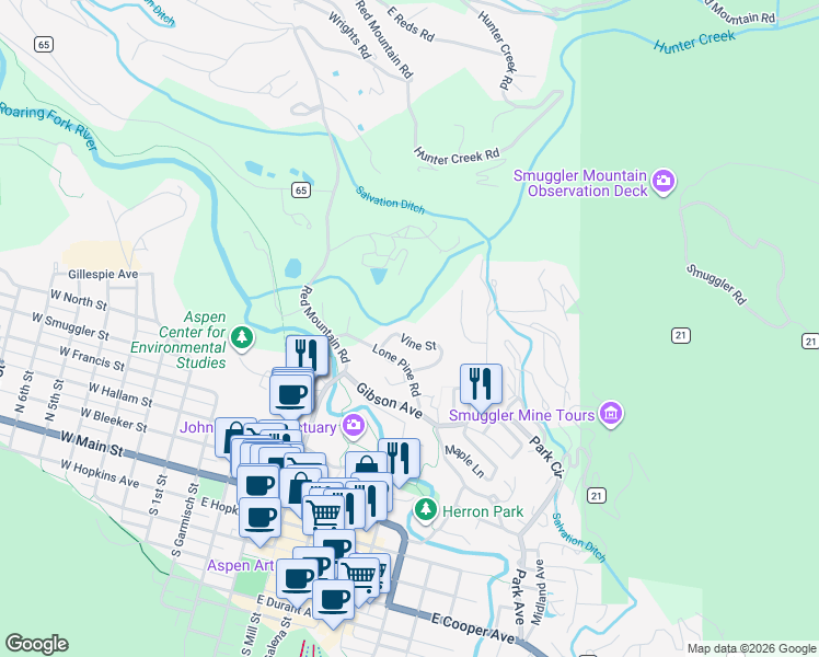 map of restaurants, bars, coffee shops, grocery stores, and more near 5 Lone Pine Road in Aspen