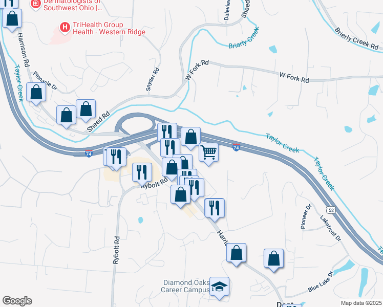 map of restaurants, bars, coffee shops, grocery stores, and more near 6580 Harrison Avenue in Cincinnati