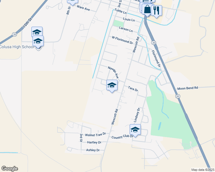 map of restaurants, bars, coffee shops, grocery stores, and more near 177 Sequoia Way in Colusa