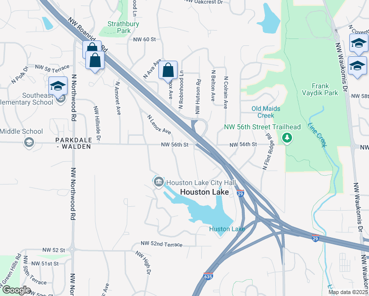 map of restaurants, bars, coffee shops, grocery stores, and more near 3411 Northwest 56th Street in Kansas City