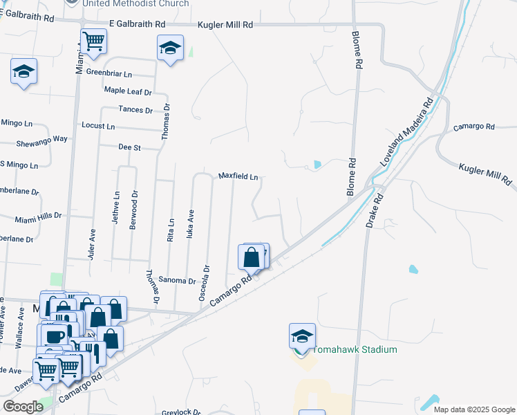 map of restaurants, bars, coffee shops, grocery stores, and more near 8137 Maxfield Lane in Cincinnati