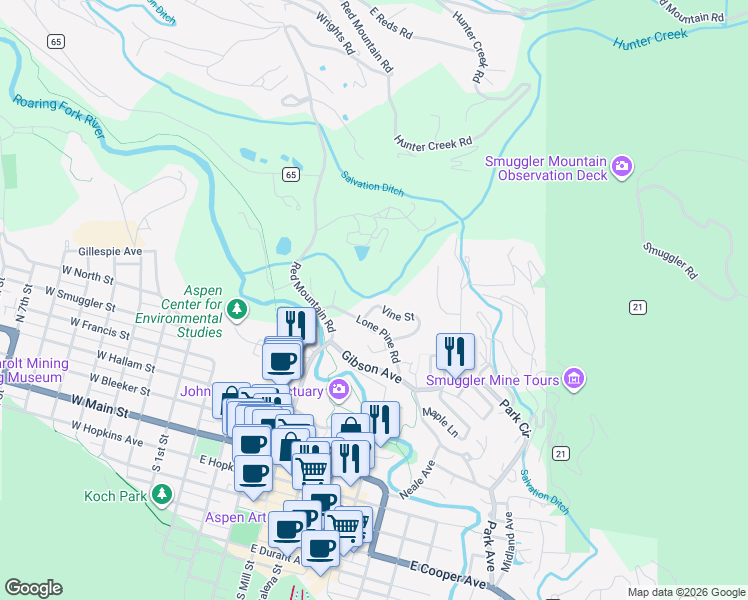map of restaurants, bars, coffee shops, grocery stores, and more near 236 Vine Street in Aspen