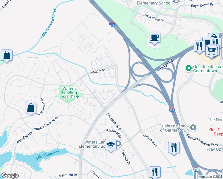 map of restaurants, bars, coffee shops, grocery stores, and more near 12815 Duck Pond Drive in Germantown