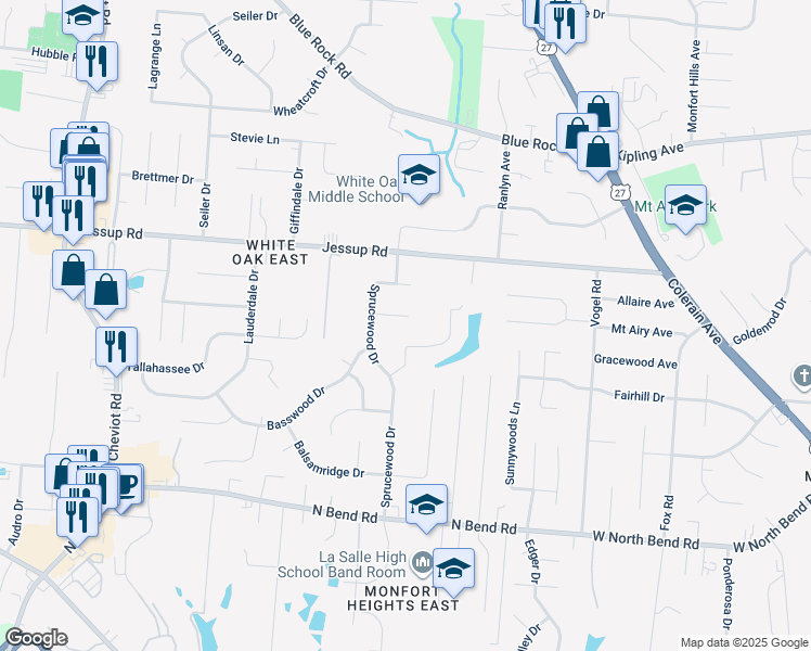 map of restaurants, bars, coffee shops, grocery stores, and more near 3132 Locust Log Lane in Cincinnati