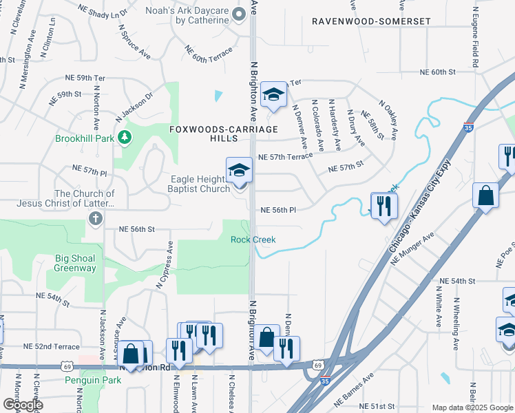map of restaurants, bars, coffee shops, grocery stores, and more near 5000 Northeast 56th Place in Kansas City