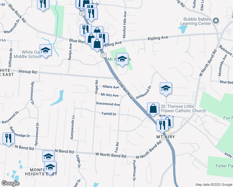 map of restaurants, bars, coffee shops, grocery stores, and more near 2614 Allaire Avenue in Cincinnati