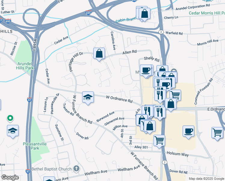 map of restaurants, bars, coffee shops, grocery stores, and more near 302 Juneberry Way in Glen Burnie